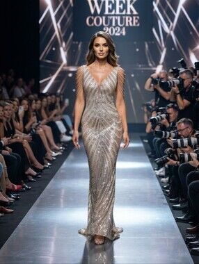 Silver, Backless, V Neck, Draped Rhinestone, Contras Sequined Mermaid G…